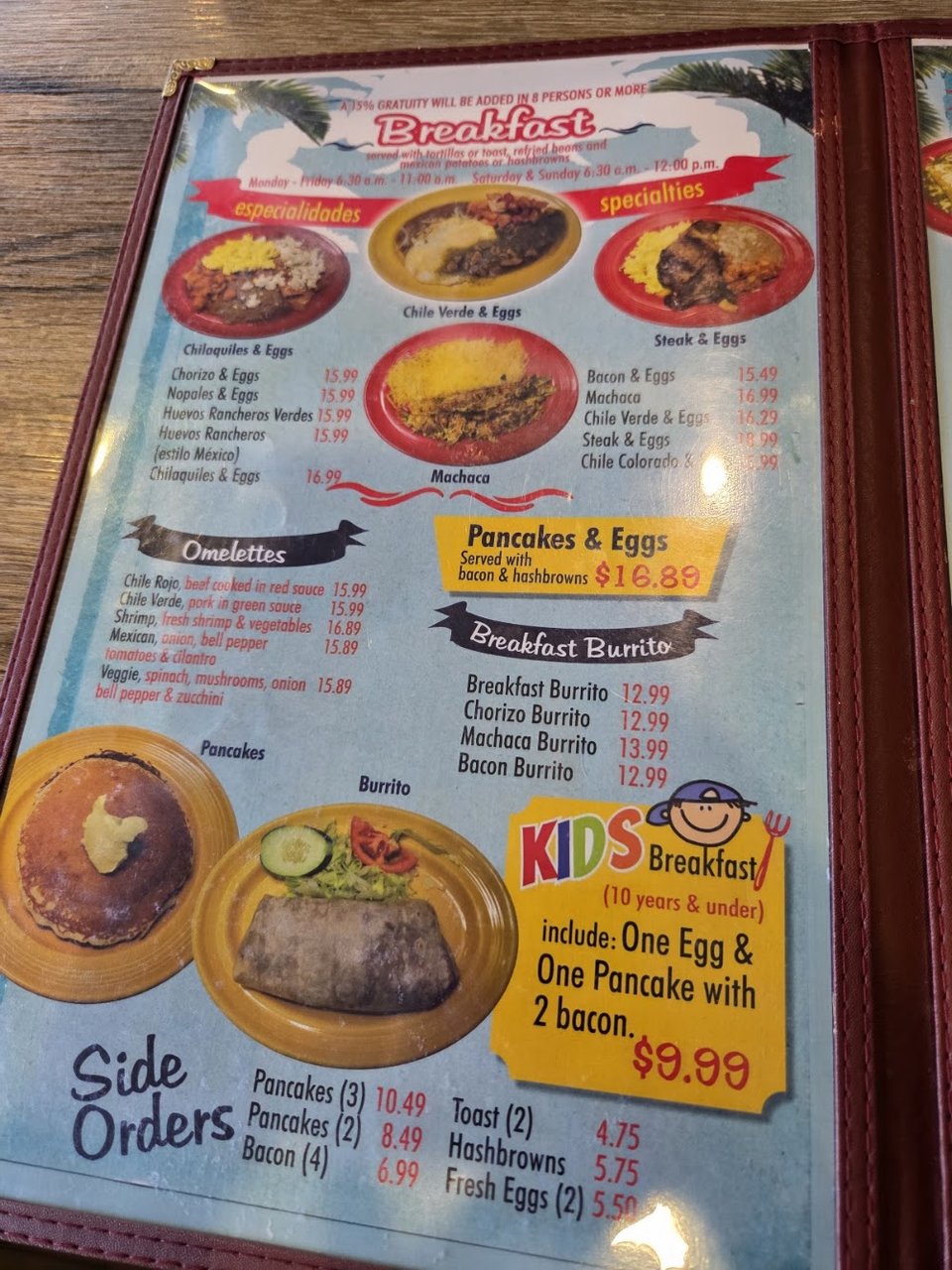 Menu page with breakfast and lunch specialties