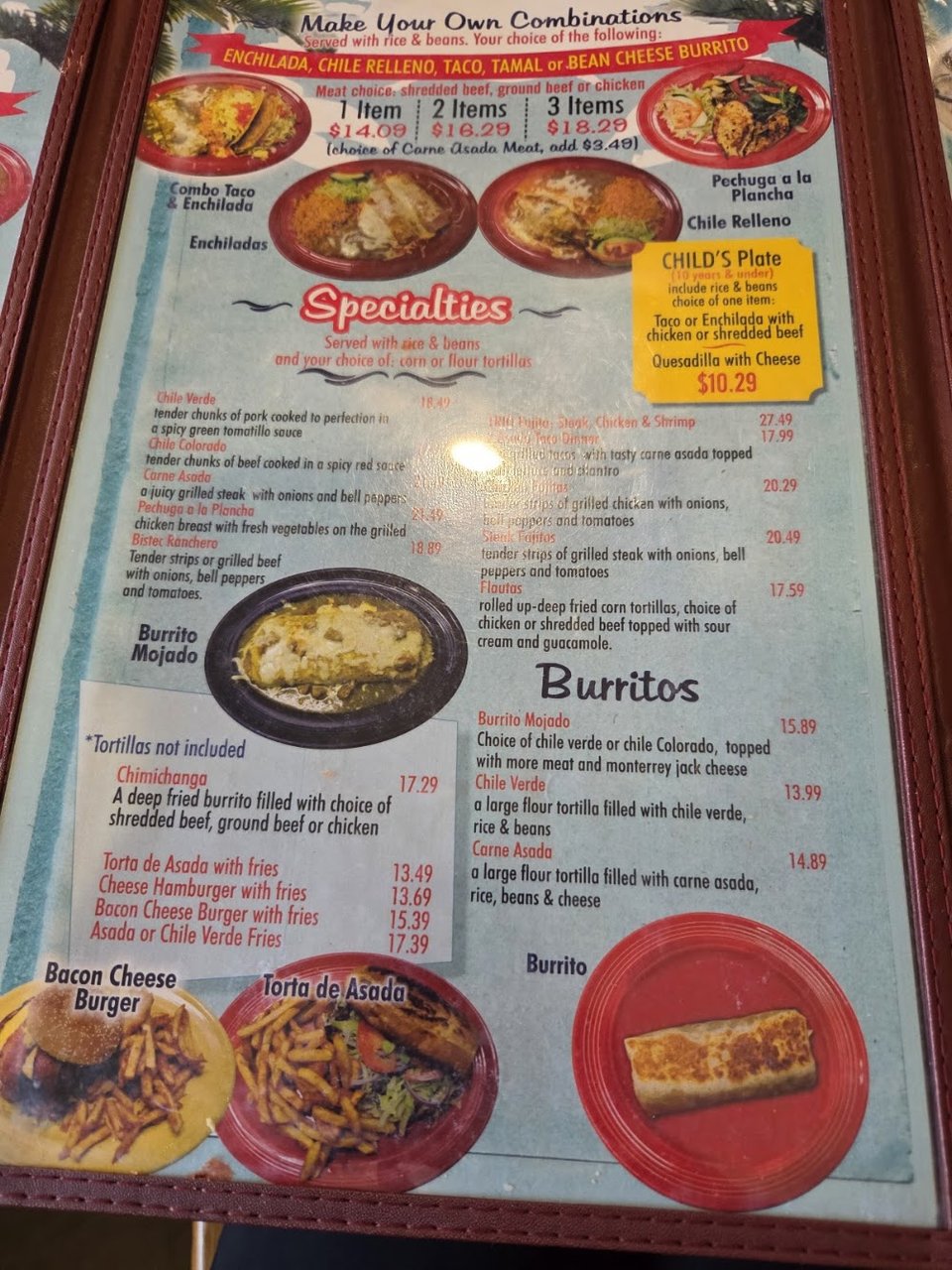 Printed menu showing Mexican dishes and salads